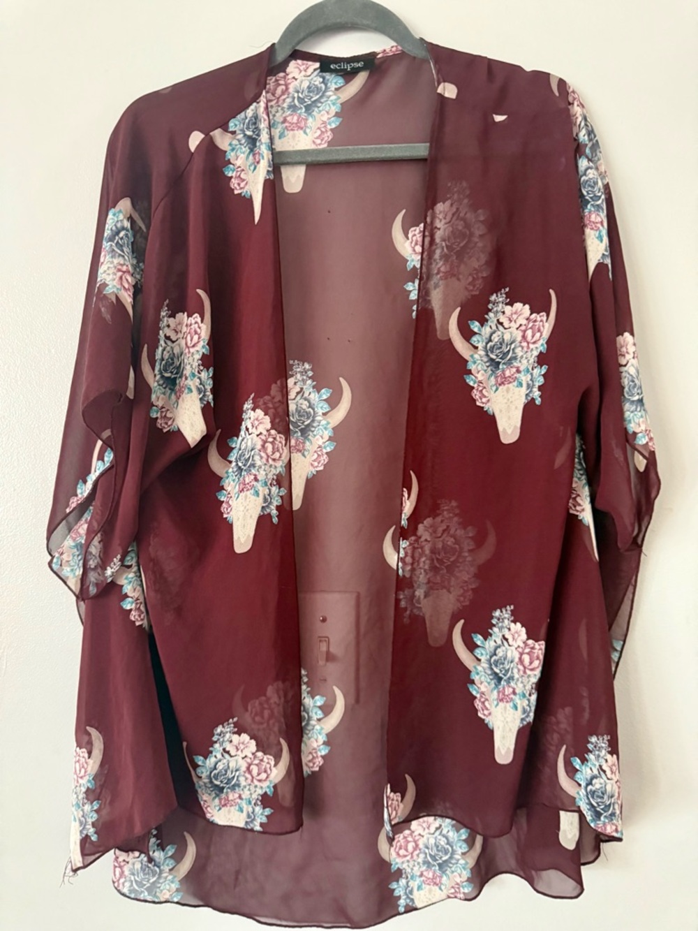 🌹 Coastal Cowgirl Floral Bull Skull Kimono 🌹 Burgundy Sheer